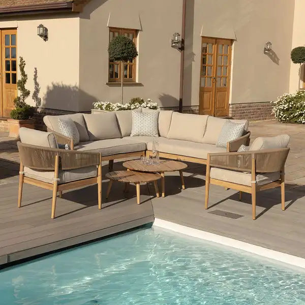 Porto Rope Weave Corner Sofa Set with Pair of Round Coffee Tables & Armchair
