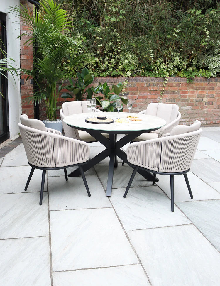 Bali 4 Seater Round Ceramic Glass Dining Set with Bali Rope Chairs