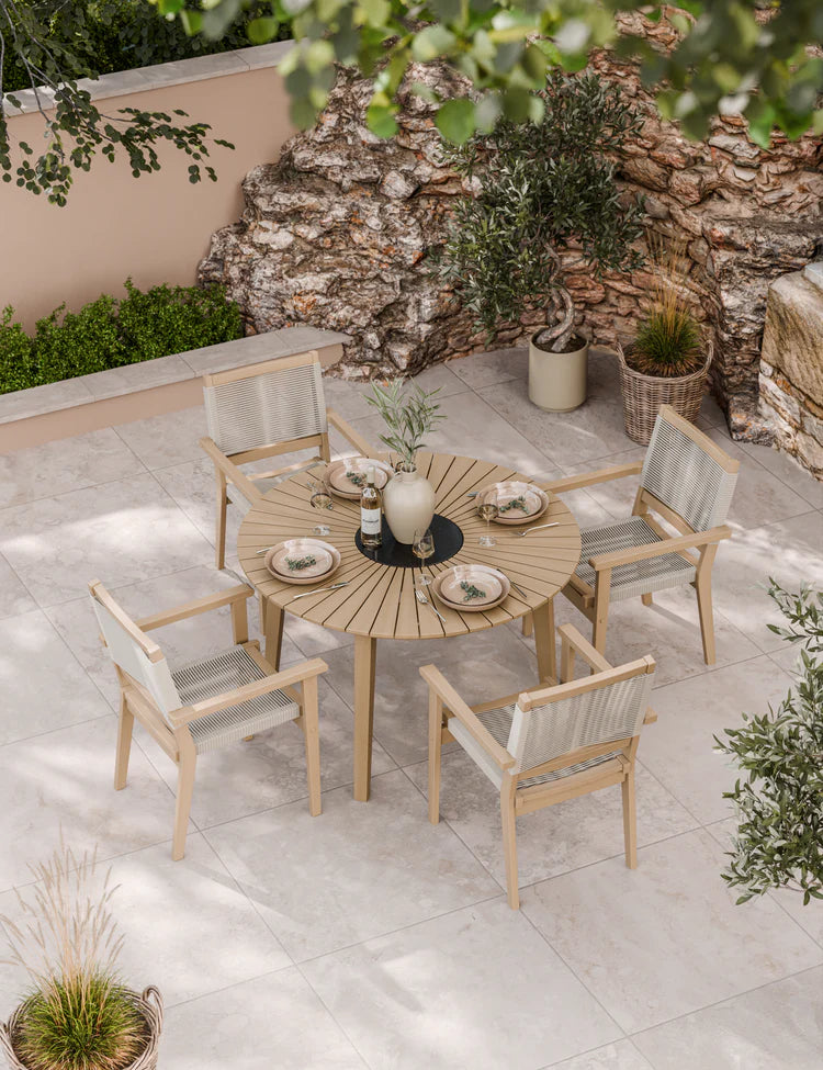 Roma 4 Seater Round Sunray with Black Granite Insert Dining Set with Roma Rope Stacking Chairs