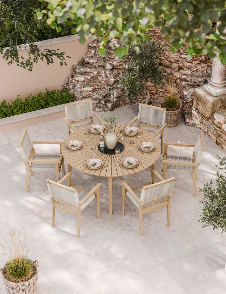 Roma 6 Seater Round Sunray Dining Set with Black Granite Insert and Rope Stacking Chairs