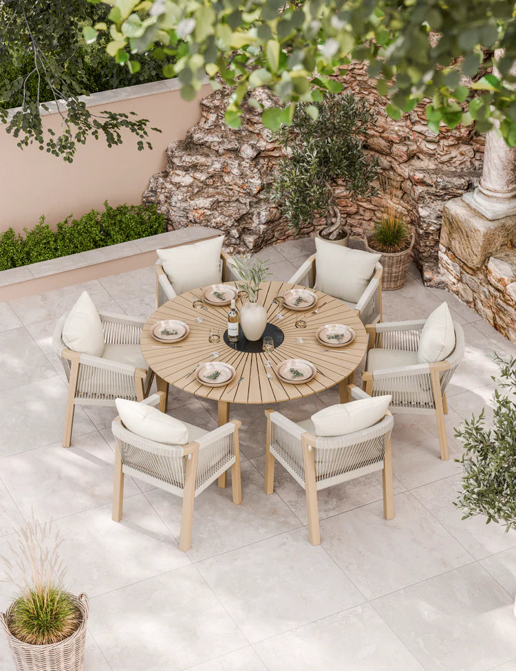 Roma 6 Seater Round Sunray Dining Set with Black Granite Insert and Deluxe Rope Chairs