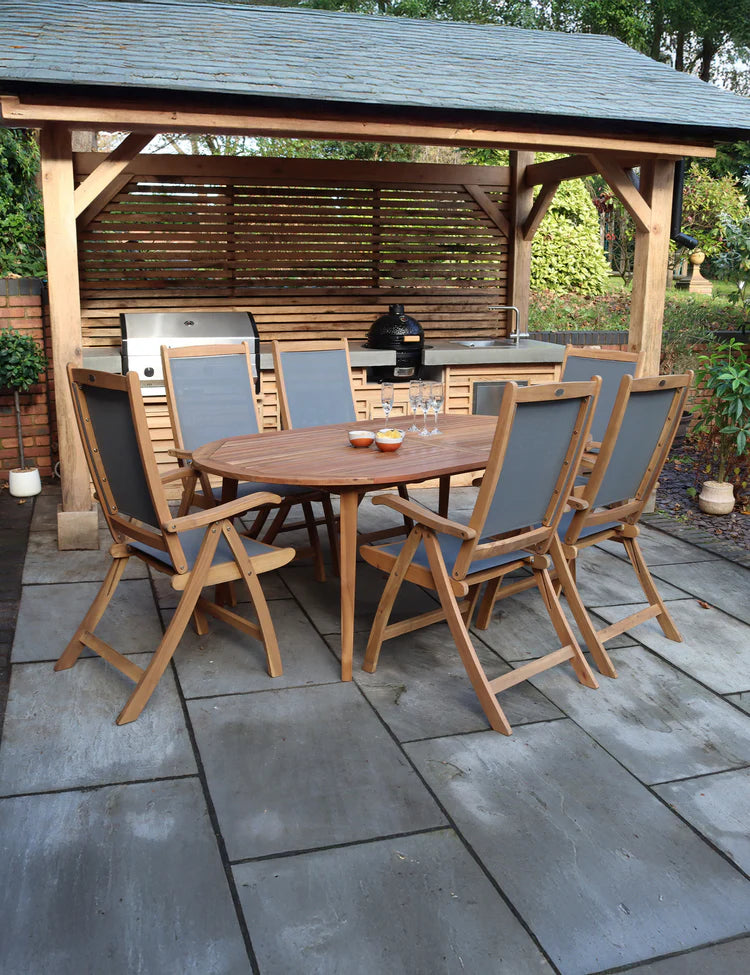 Ellipse 6 Seater Dining Set with Henley Grey Textylene Recliners