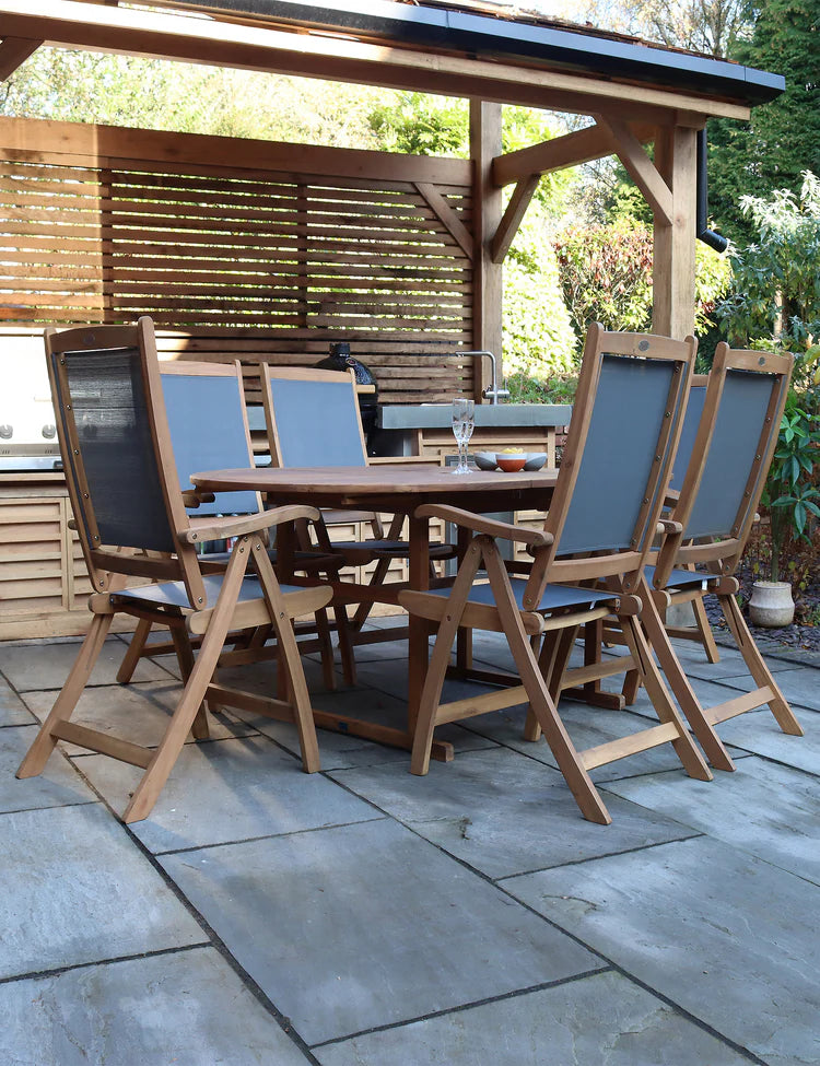 Turnbury 6 Seater Oval Extending Dining Set with Henley Grey Textylene Recliners