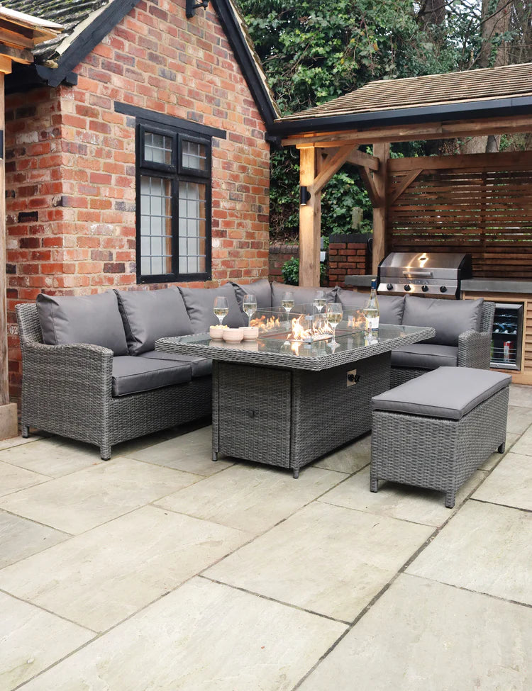 Paris 8 Seater Deluxe Modular Corner Dining & Lounging Set with Rectangular Fire Pit Table
