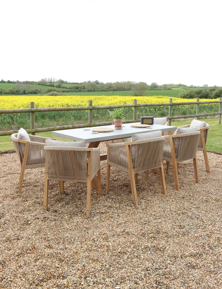 Luna 6 Seater Rectangular Concrete Dining Set with Roma Rope Dining Chairs