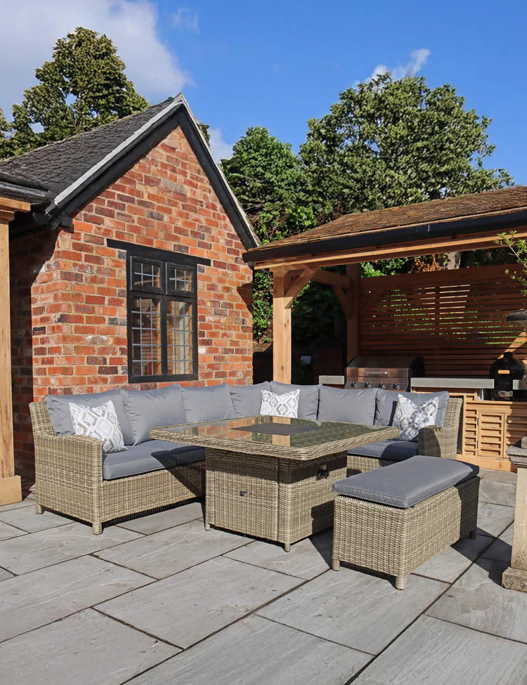 Wentworth 8 Seater Deluxe Modular Corner Dining & Lounging Set with Square Fire Pit Table