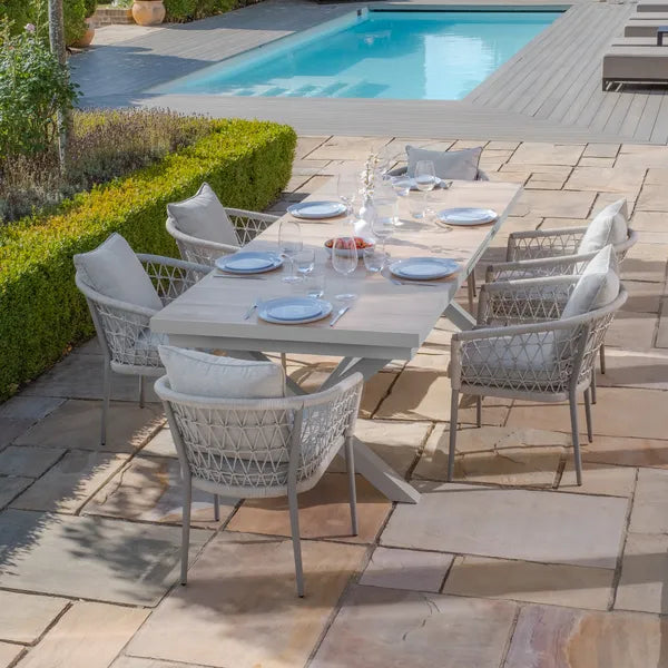 Vienna 6 - 10 Seat Extending Rectangular Dining Table with Dawn Grey Frame and 10 Monaco Cool Linen Rope Weave Dining Chairs