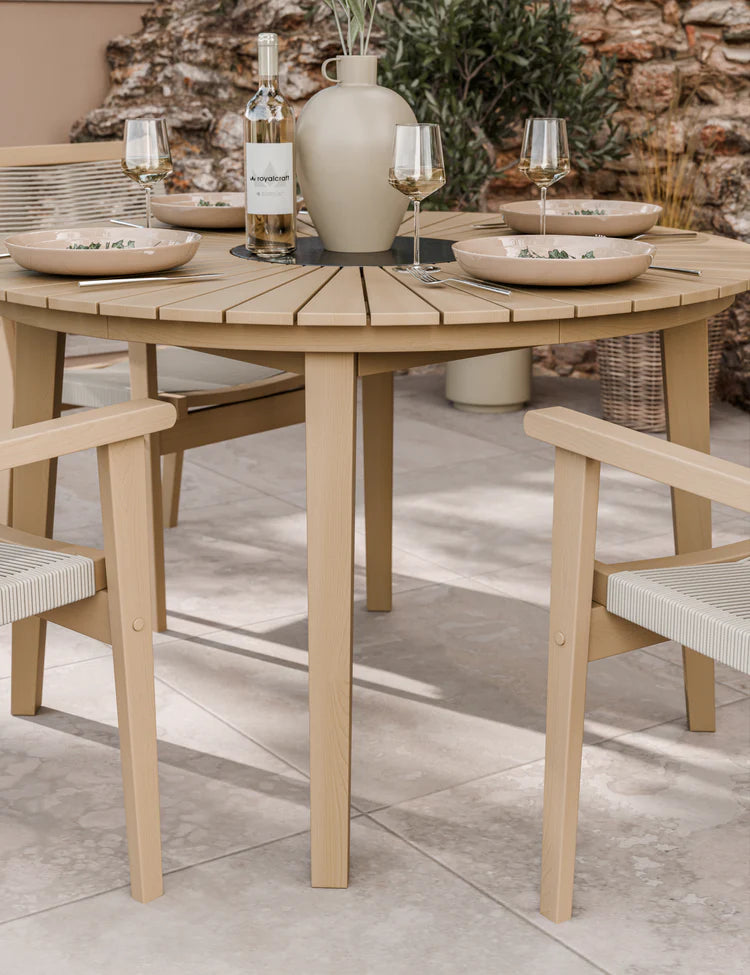Roma 4 Seater Round Sunray with Black Granite Insert Dining Set with Roma Rope Stacking Chairs