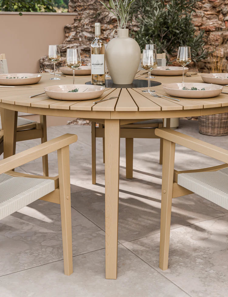 Roma 6 Seater Round Sunray Dining Set with Black Granite Insert and Rope Stacking Chairs