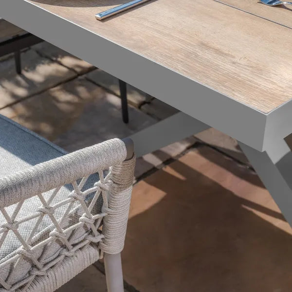 Vienna 6 - 10 Seat Extending Rectangular Dining Table with Dawn Grey Frame and 10 Monaco Cool Linen Rope Weave Dining Chairs
