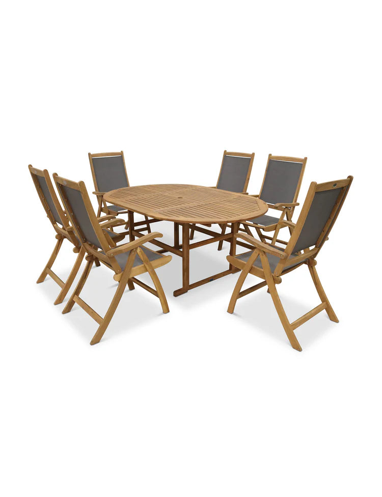 Turnbury 6 Seater Oval Extending Dining Set with Henley Grey Textylene Recliners