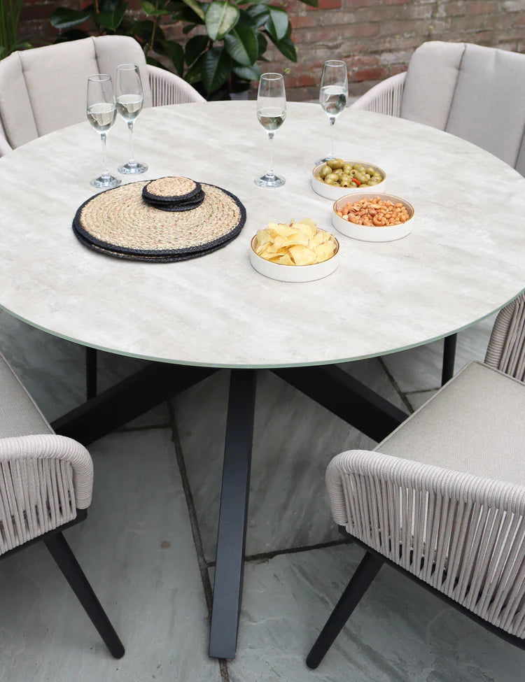 Bali 4 Seater Round Ceramic Glass Dining Set with Bali Rope Chairs