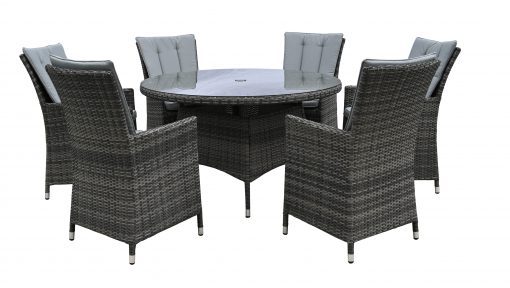 Rattan Grey Dining Round Table + 6 High back Chairs Set