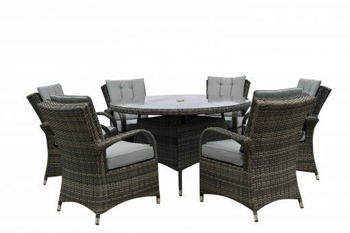 Rattan Grey Dining Round Table + 6 Chairs Set