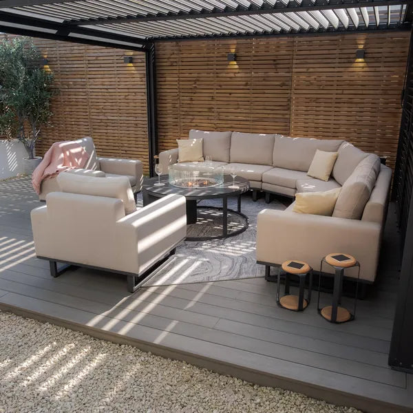 Outdoor Fabric Ethos Grande Corner Sofa Set with Round Fire Pit Table - Oatmeal