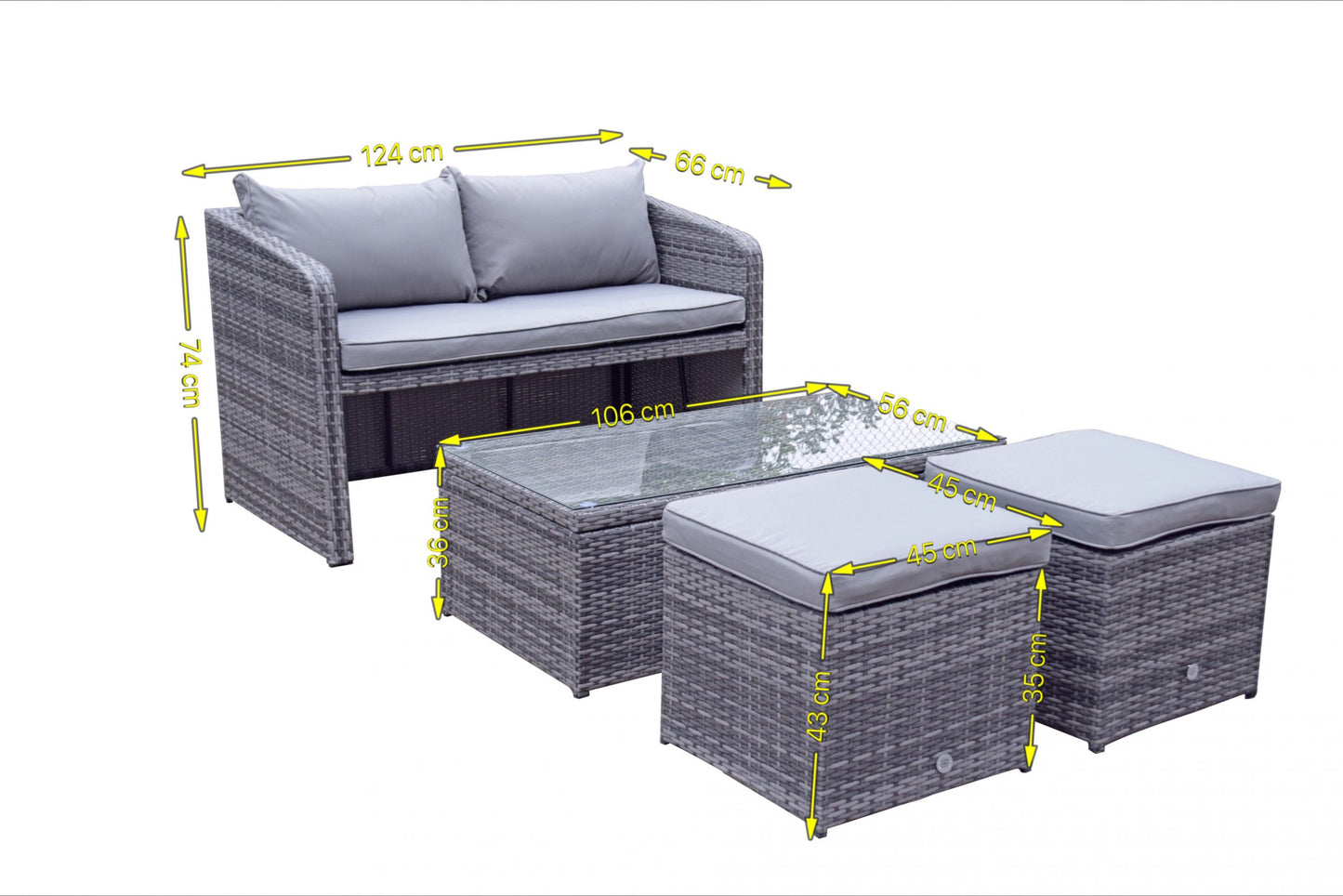 Rattan Compact Sofa with 2 Ottomans and Lift Coffee Table in Brown | Gemma | Gemm0180