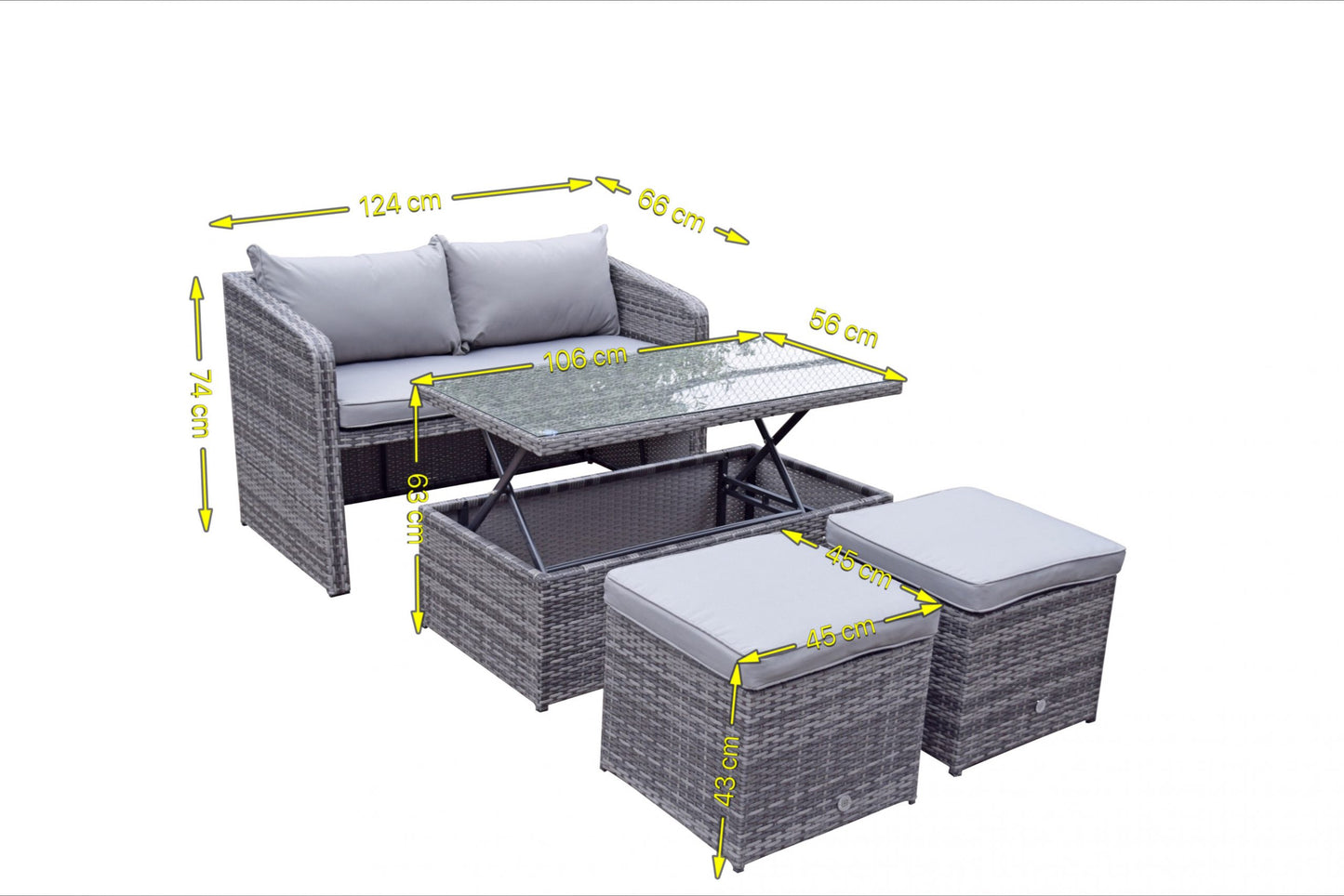 Rattan Compact Sofa with 2 Ottomans and Lift Coffee Table in Brown | Gemma | Gemm0180
