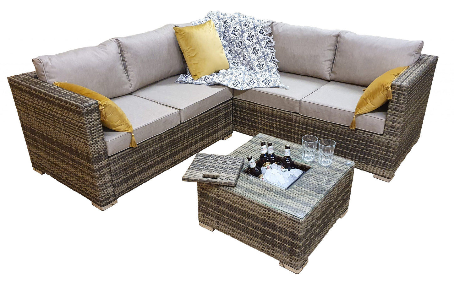 Rattan Brown Corner Sofa with Ice Bucket and Coffee Table in Brown | Georgia | Geor0312