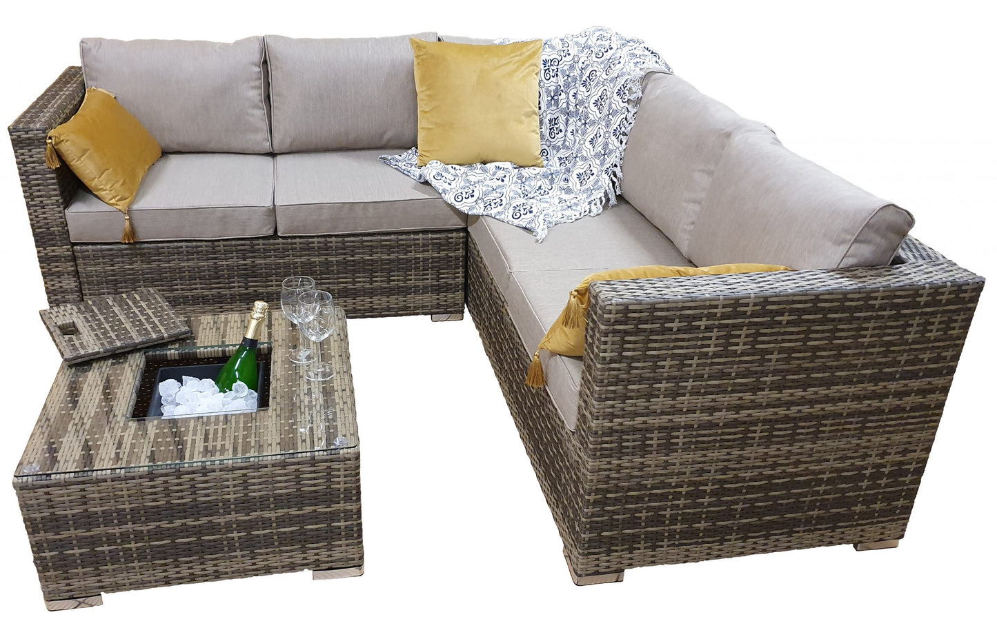 Rattan Brown Corner Sofa with Ice Bucket and Coffee Table in Brown | Georgia | Geor0312