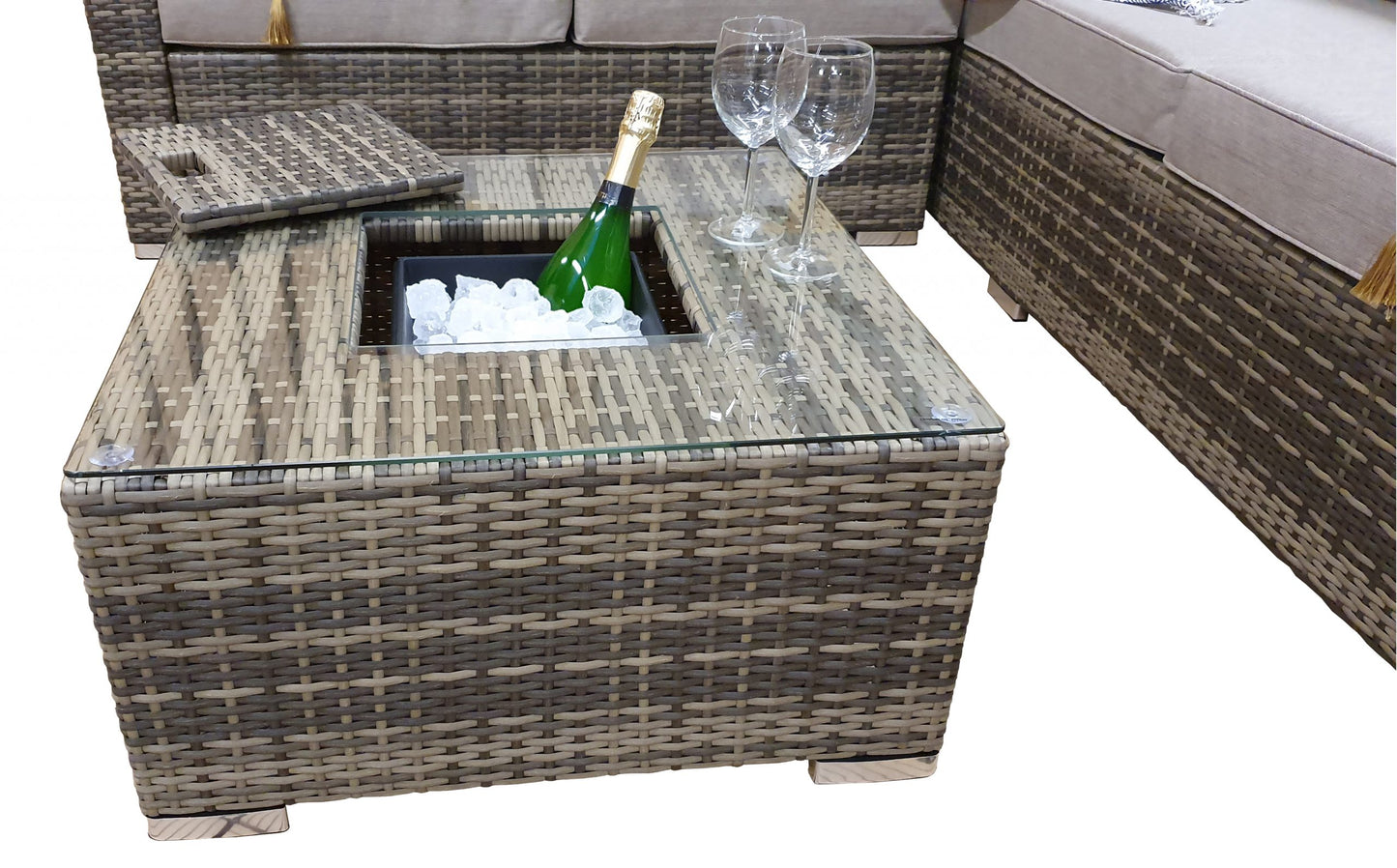 Rattan Brown Corner Sofa with Ice Bucket and Coffee Table in Brown | Georgia | Geor0312