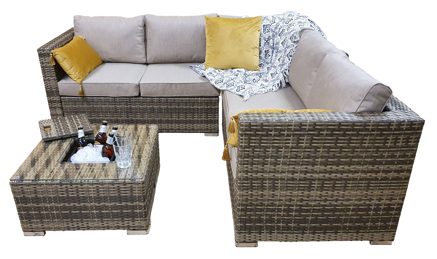 Rattan Brown Corner Sofa with Ice Bucket and Coffee Table in Brown | Georgia | Geor0312