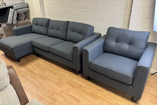 Liam Ex-Display Grey Fabric 3 Seater Chaise Sofa + Chair | EXLIA