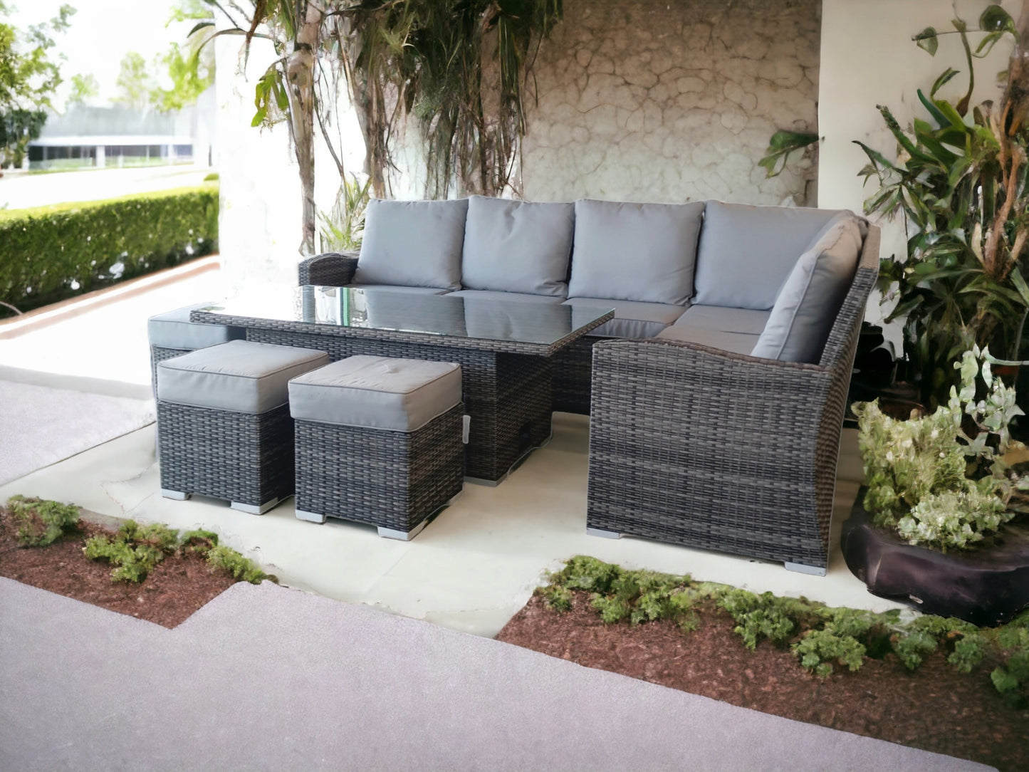 Cambridge Rattan Grey Casual Dining Corner Sofa Set With Rising Table | Camb181G