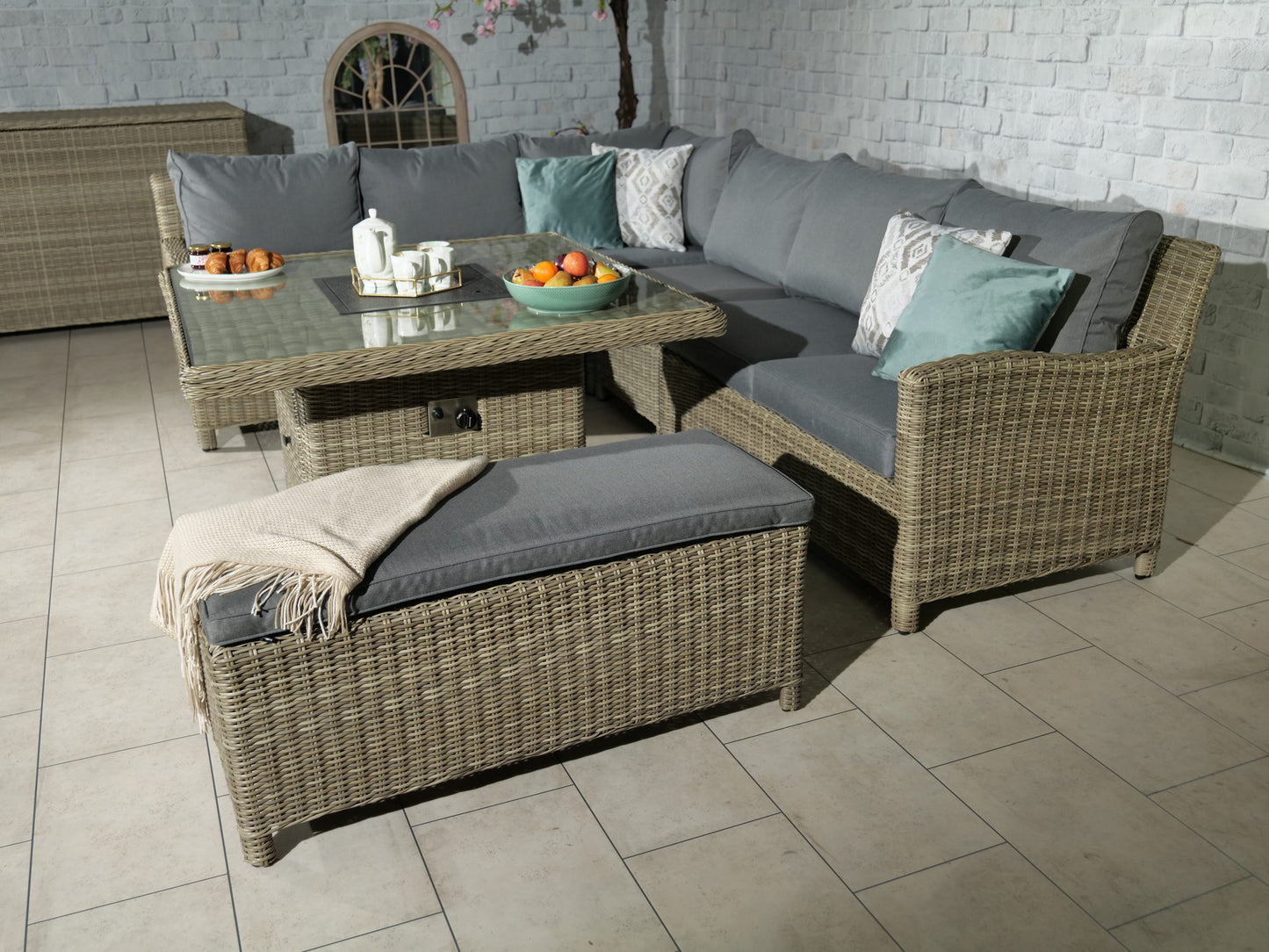 Rattan Wentworth Fire Pit 7pc Deluxe Modular Corner Dining / Lounging Set | AMIR | WEN120FP