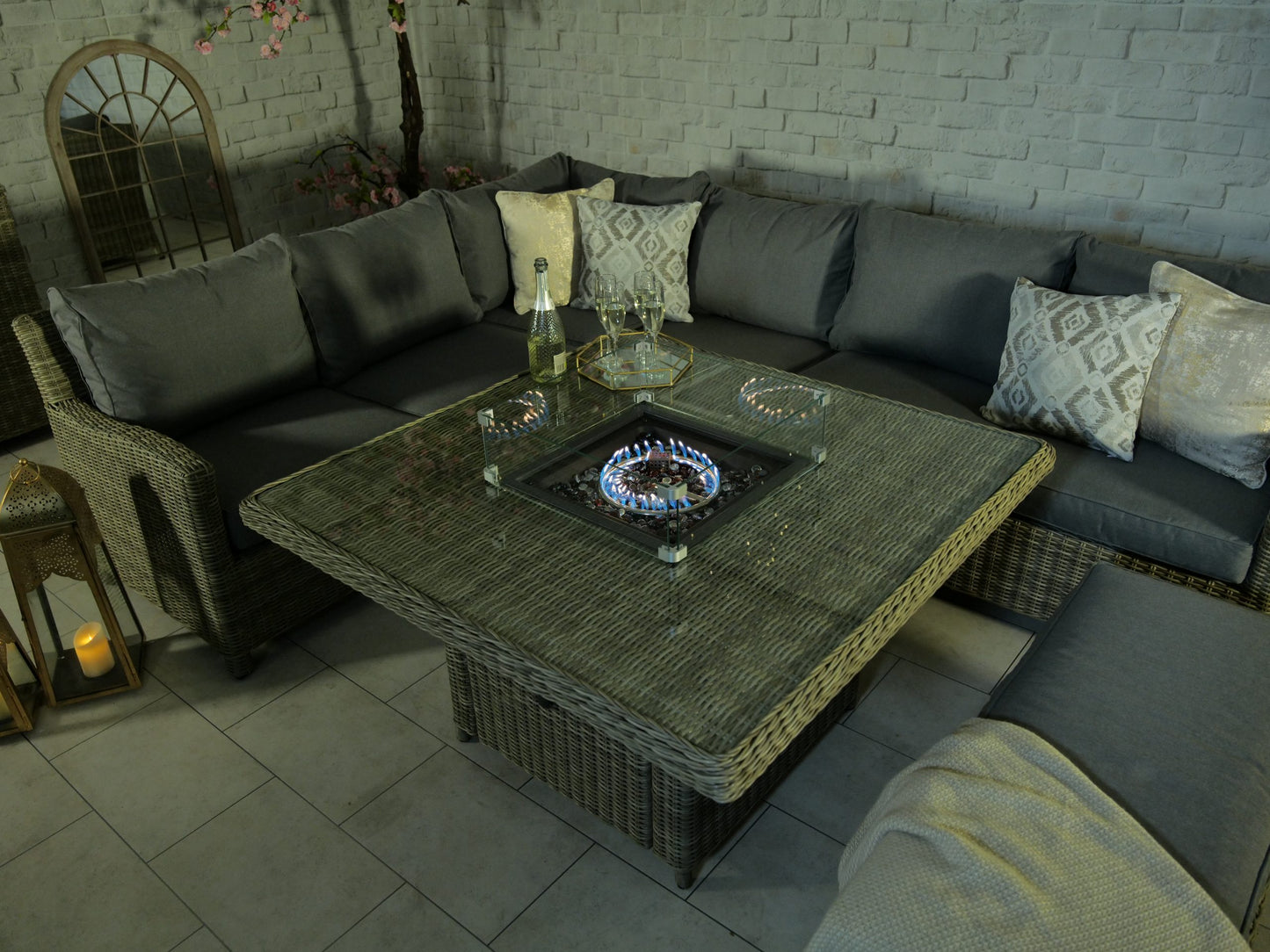 Rattan Wentworth Fire Pit 7pc Deluxe Modular Corner Dining / Lounging Set | AMIR | WEN120FP