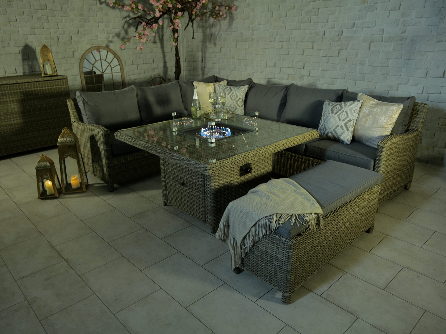 Rattan Wentworth Fire Pit 7pc Deluxe Modular Corner Dining / Lounging Set | AMIR | WEN120FP