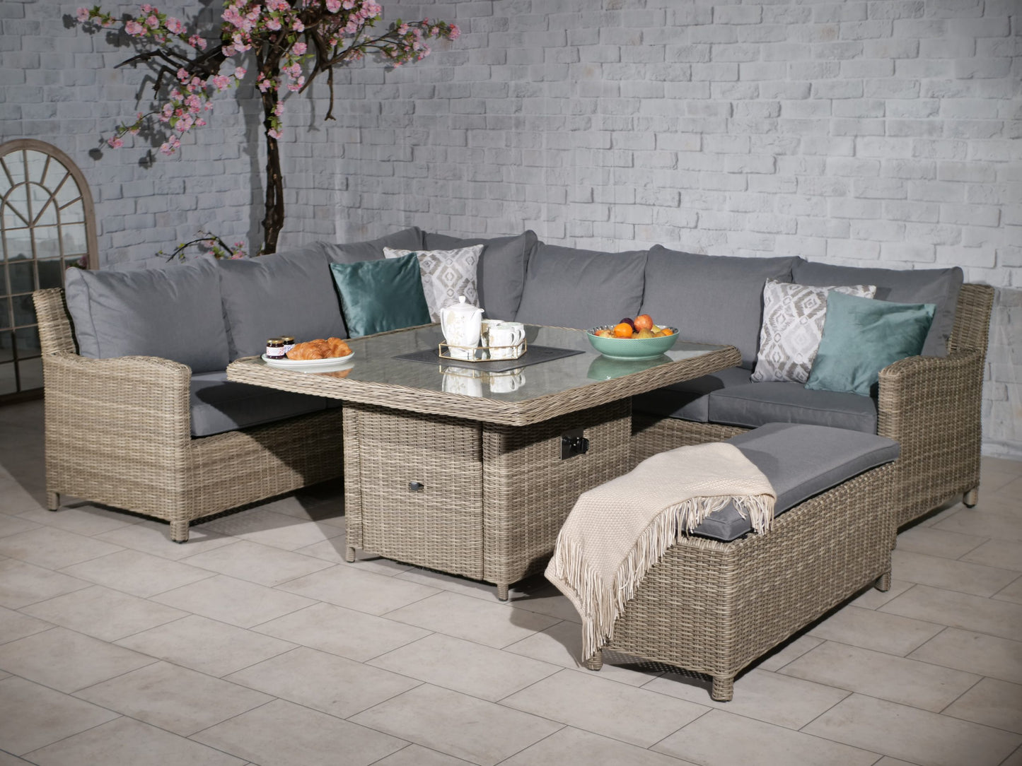 Rattan Wentworth Fire Pit 7pc Deluxe Modular Corner Dining / Lounging Set | AMIR | WEN120FP