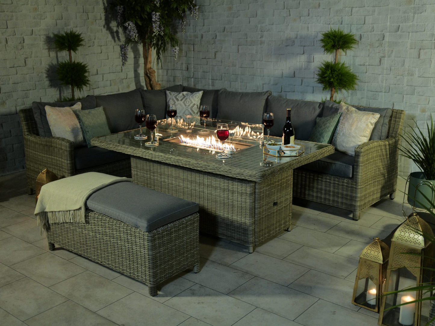 Rattan Wentworth Fire Pit 7pc Deluxe Modular Corner Dining / Lounging Set | AMIR | WEN170XFP