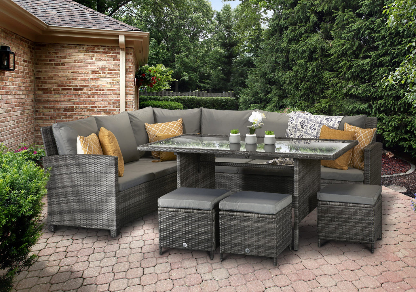 Rattan Charlotte Corner Sofa + Dining Table + 3 Stools Set Grey