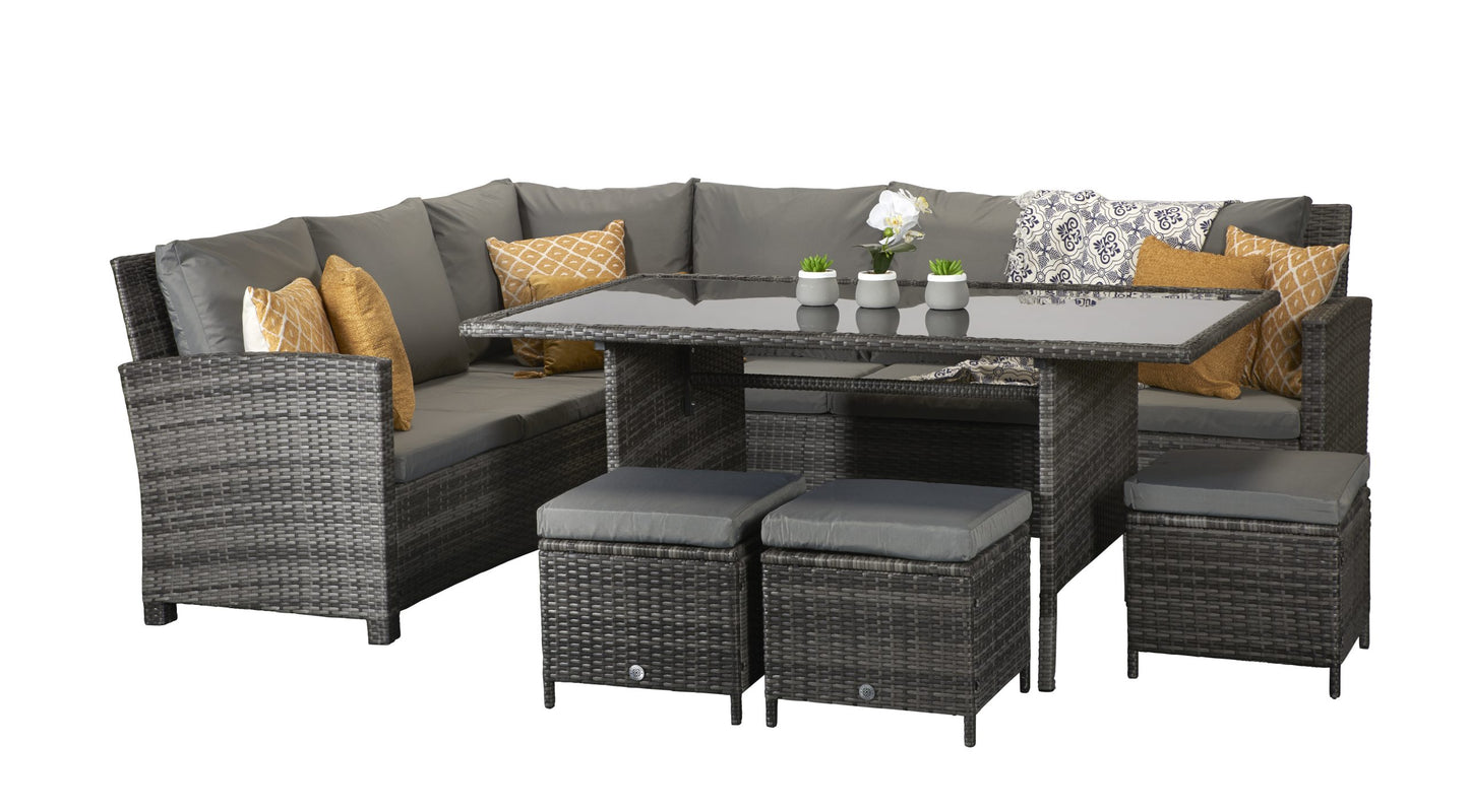 Rattan Charlotte Corner Sofa + Dining Table + 3 Stools Set Grey