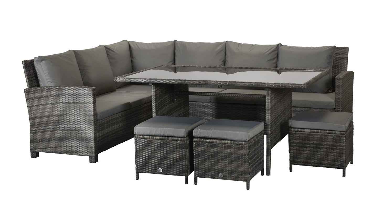 Rattan Charlotte Corner Sofa + Dining Table + 3 Stools Set Grey