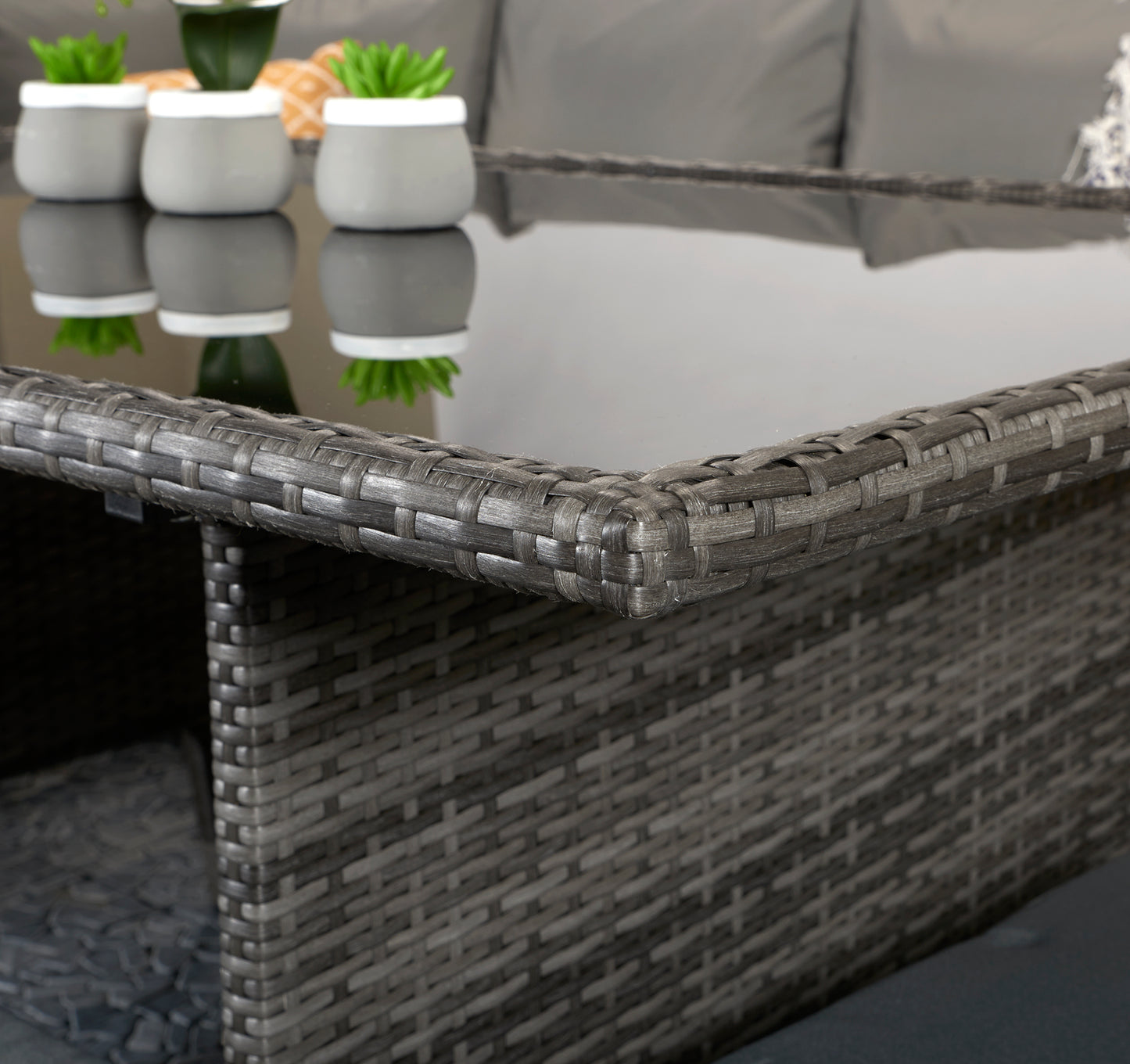 Rattan Charlotte Corner Sofa + Dining Table + 3 Stools Set Grey