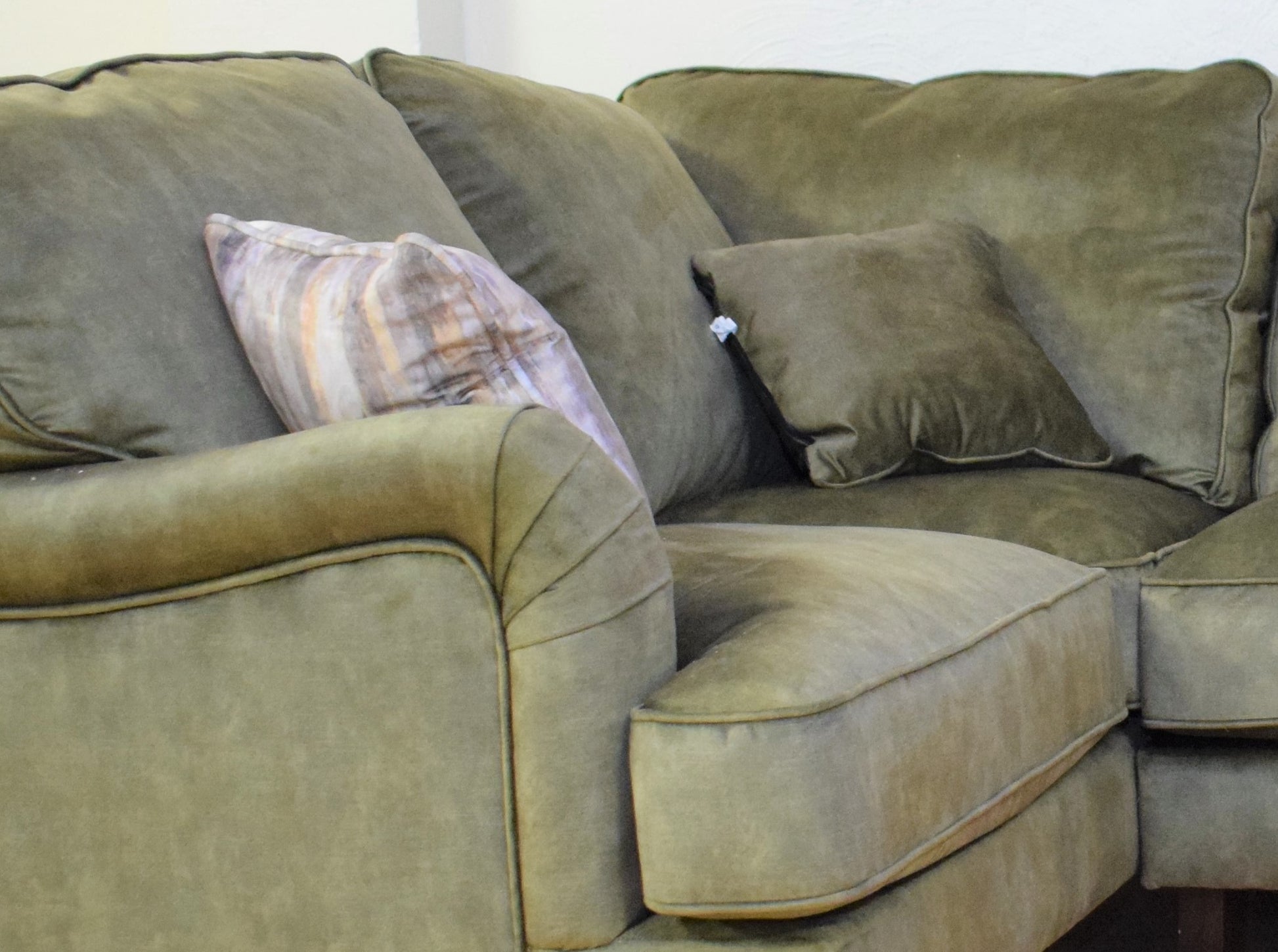 Beatrix Ex-Display Olive Green Fabric Corner Sofa | EXBEA - Homeflair
