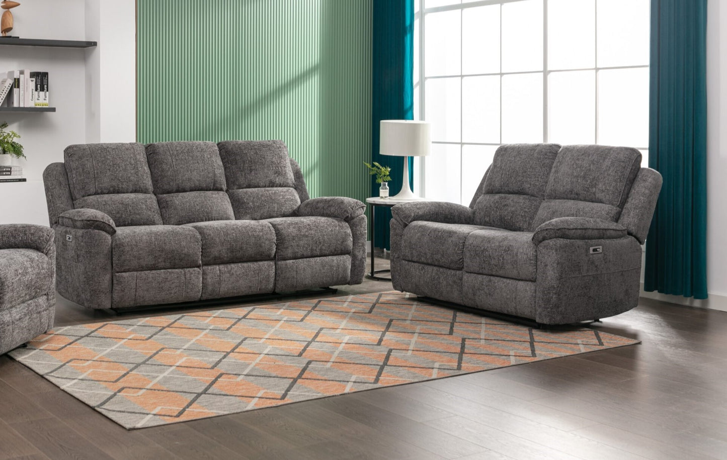 Danielle Fabric Electric Recliner 3 + 2 Seaters in Ash Grey with Charging Ports - Homeflair