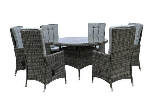 Rattan Grey Dining Round Table + 6 Recliner Chairs Set | Amel130TGS | Ruxl12RCG