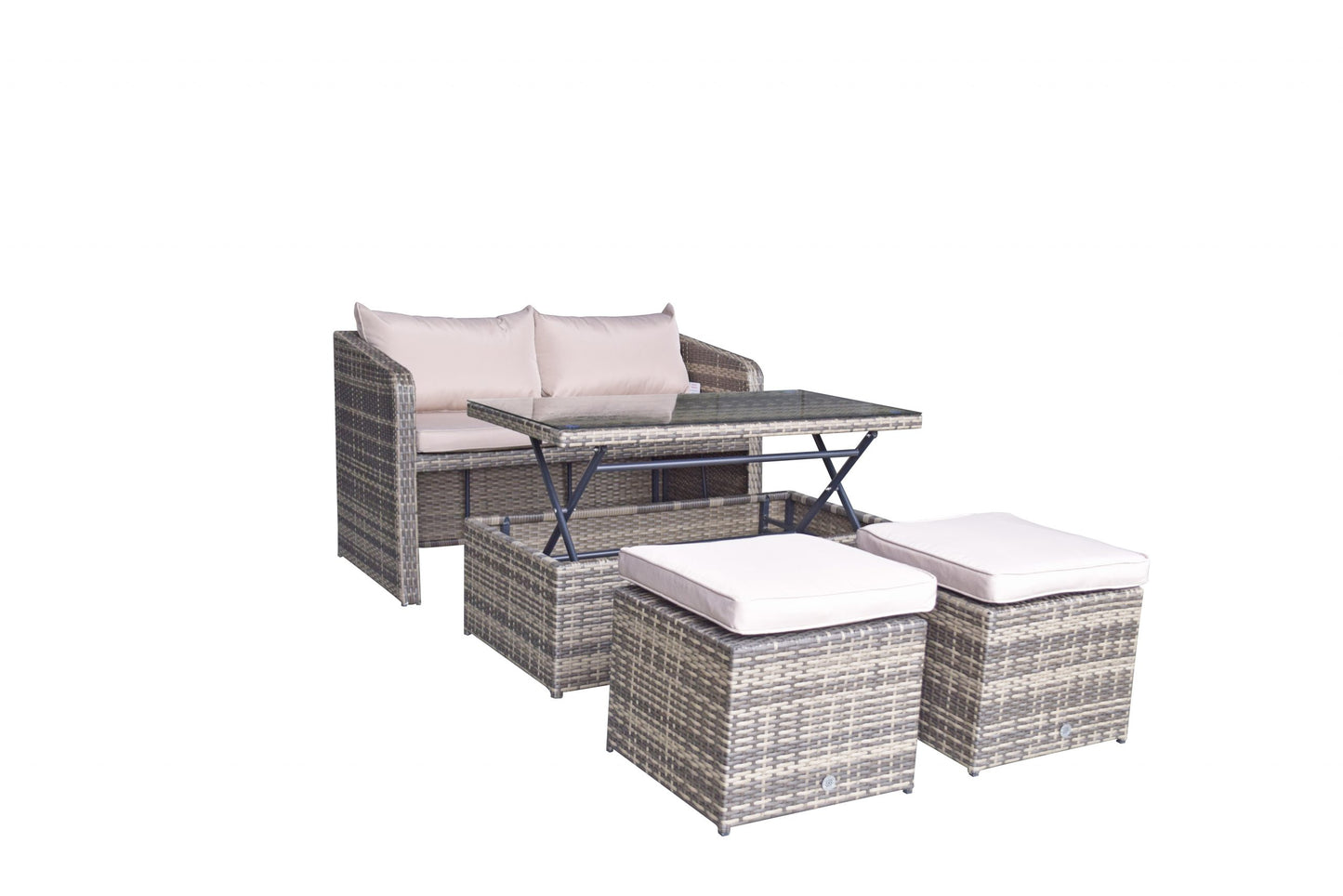 Rattan Compact Sofa with 2 Ottomans and Lift Coffee Table in Brown | Gemma | Gemm0180