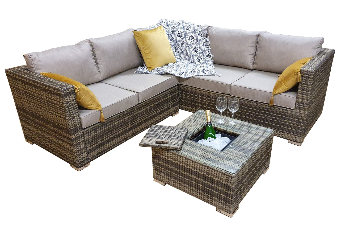 Rattan Brown Corner Sofa with Ice Bucket and Coffee Table in Brown | Georgia | Geor0312