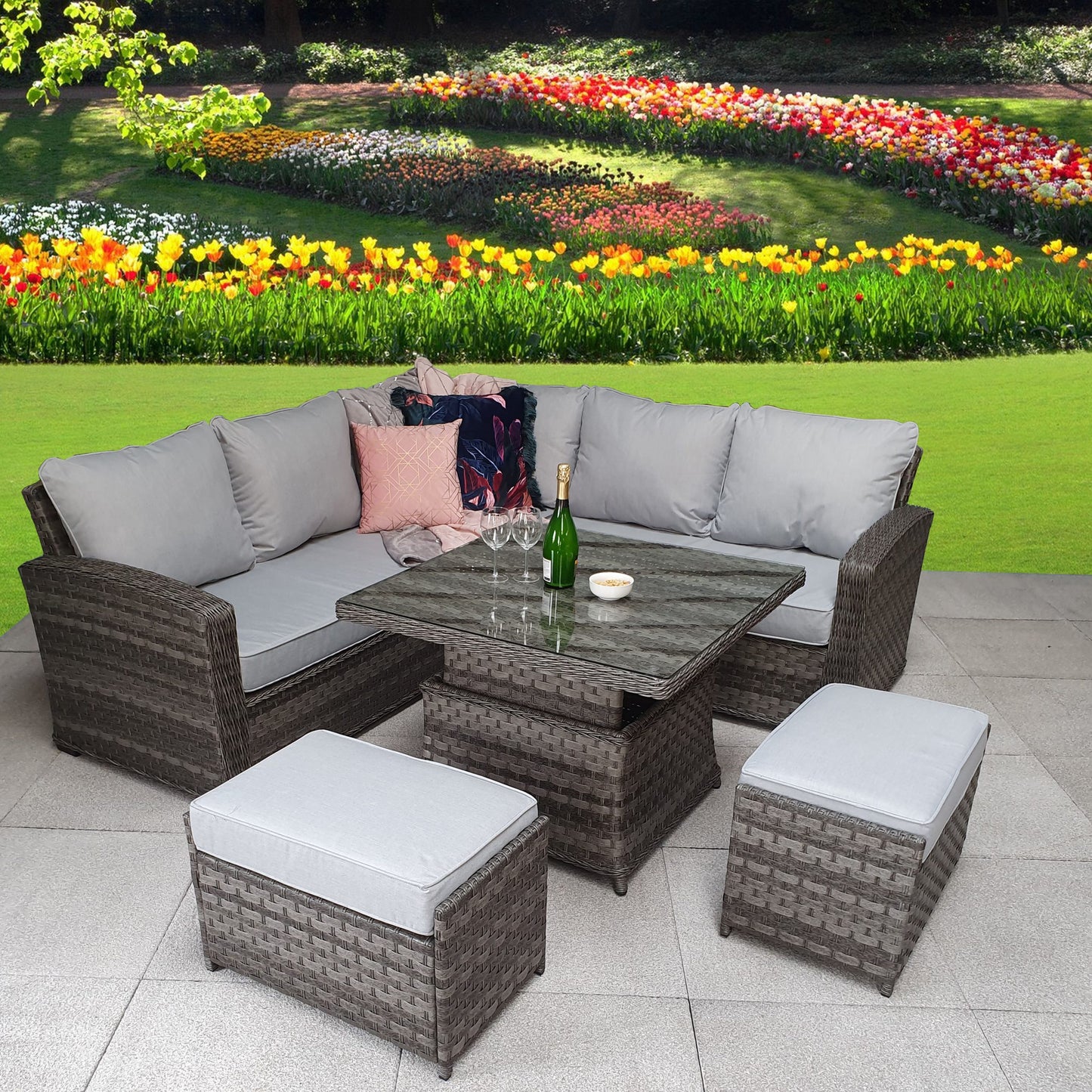 Rattan Grace Corner Sofa + Adjustable Dining Table + 2 Stools Set Grey | Grac0313