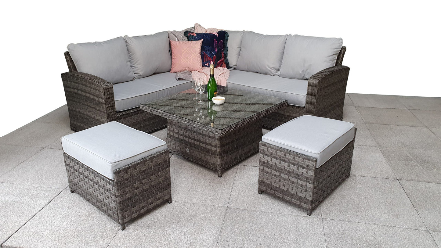 Rattan Grace Corner Sofa + Adjustable Dining Table + 2 Stools Set Grey | Grac0313