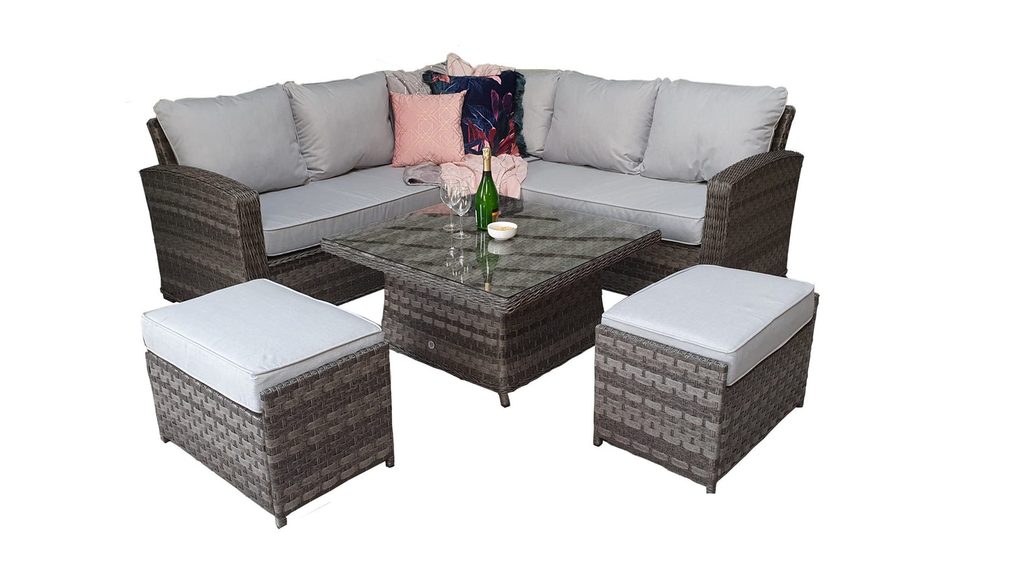 Rattan Grace Corner Sofa + Adjustable Dining Table + 2 Stools Set Grey | Grac0313