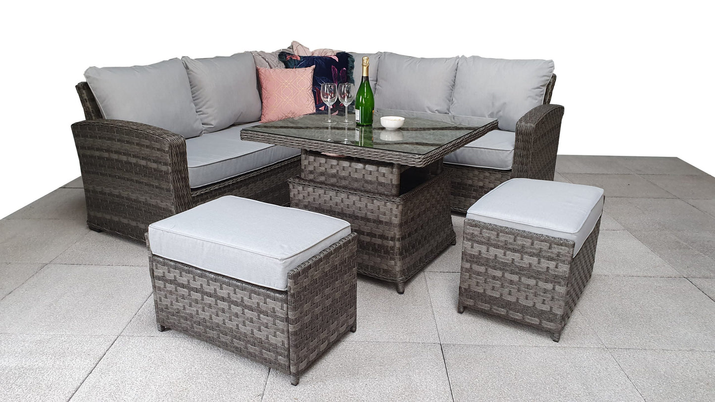 Rattan Grace Corner Sofa + Adjustable Dining Table + 2 Stools Set Grey | Grac0313