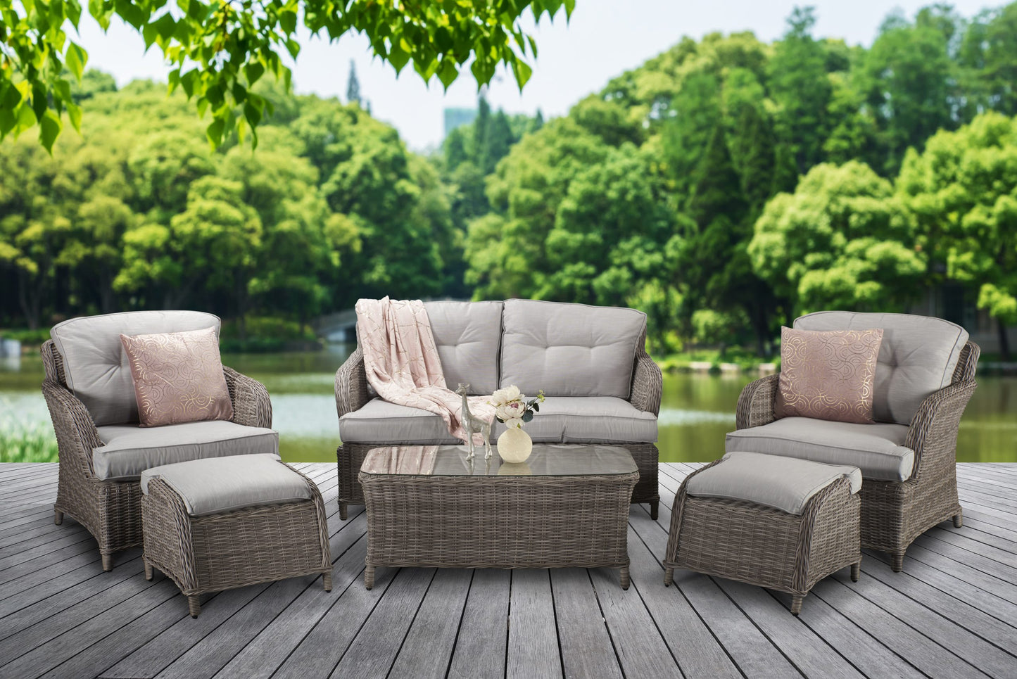 Rattan Harriet 2 Seater Sofa + 2 Ottoman Stools Dining Set | Harr0134
