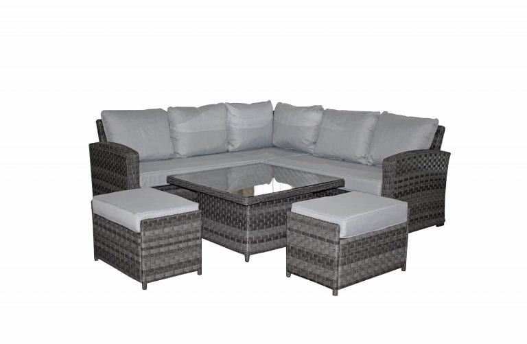 Rattan Grace Corner Sofa + Adjustable Dining Table + 2 Stools Set Grey | Grac0313