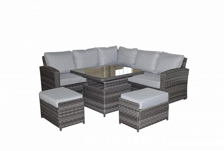 Rattan Grace Corner Sofa + Adjustable Dining Table + 2 Stools Set Grey | Grac0313