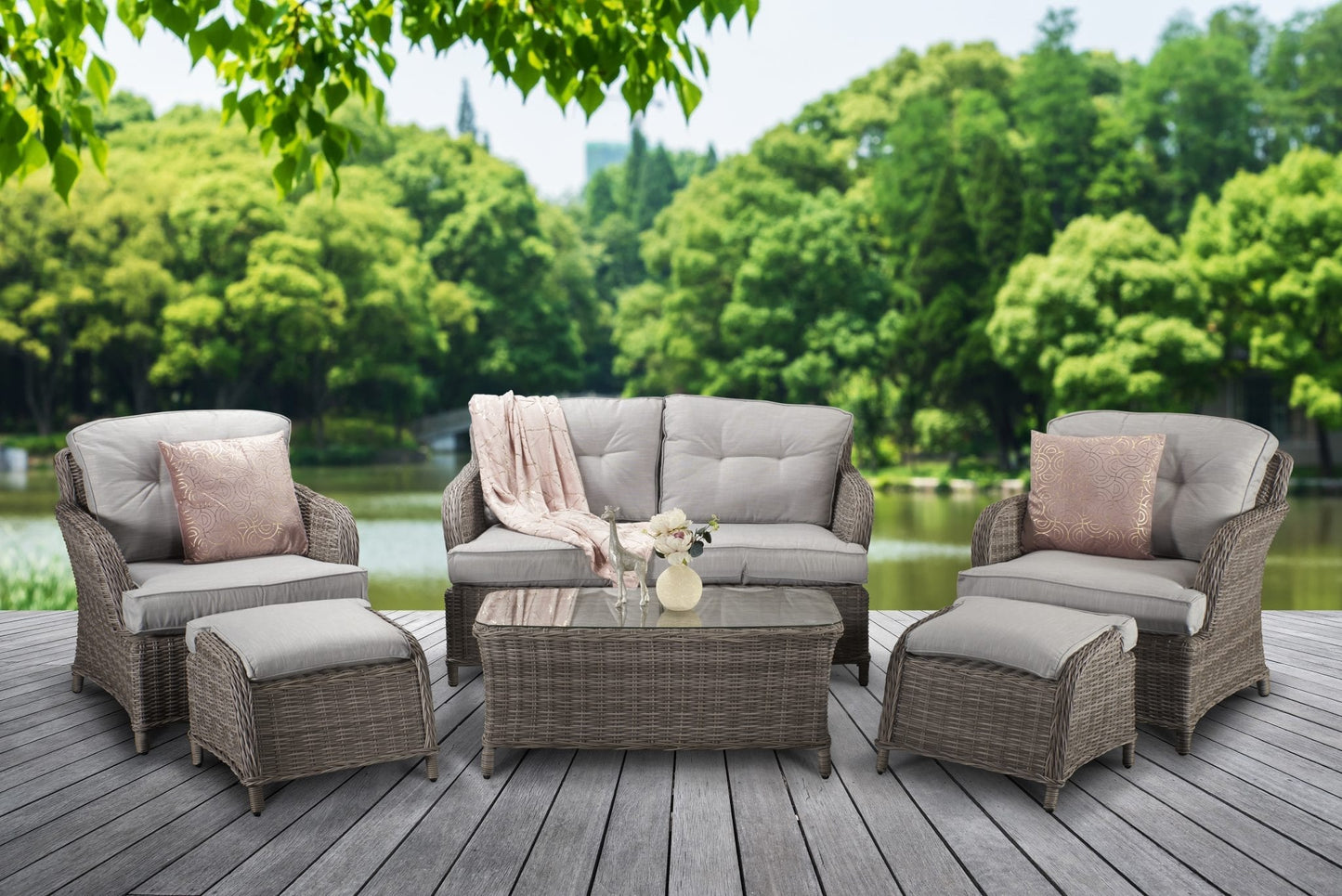 Rattan Harriet 2 Seater Sofa + 2 Ottoman Stools Dining Set | Harr0134