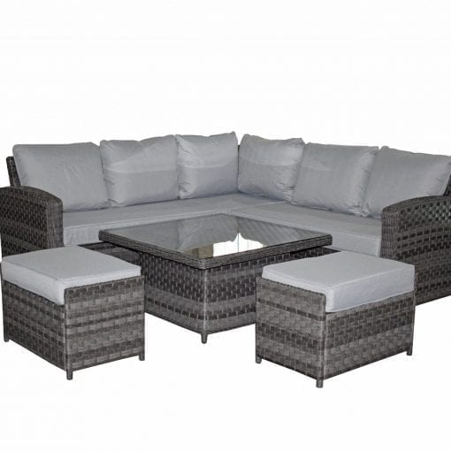 Rattan Grace Corner Sofa + Adjustable Dining Table + 2 Stools Set Grey | Grac0313